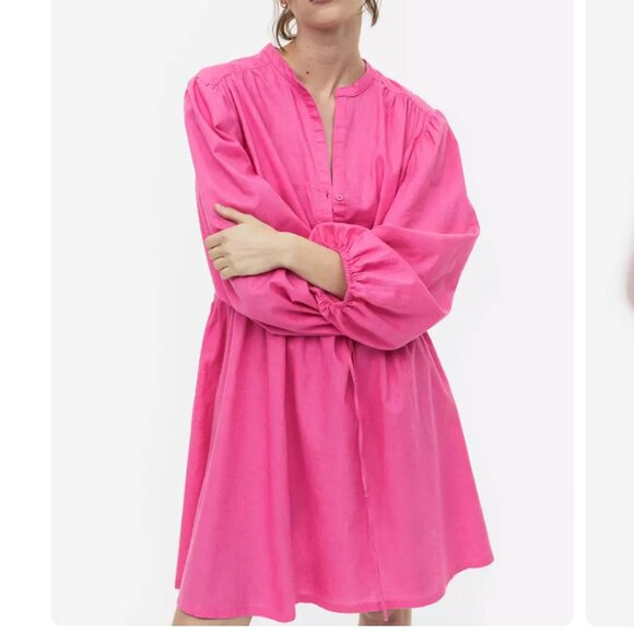 H&M Hot Barbie Pink Linen Blend V-neck Dress Women's Size XL - Picture 2 of 9